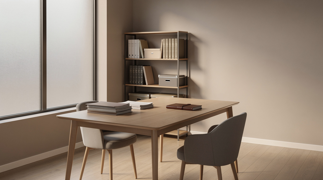 Quiet law office meeting room with desk and document folders